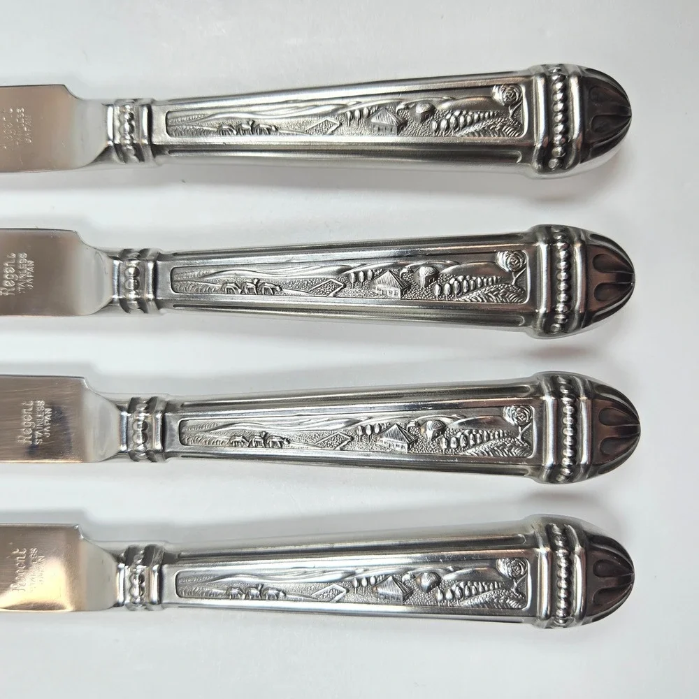 4 Vintage Regent Sheffield‎ Stainless Steak Knives Ornate Embossed Handle Japan